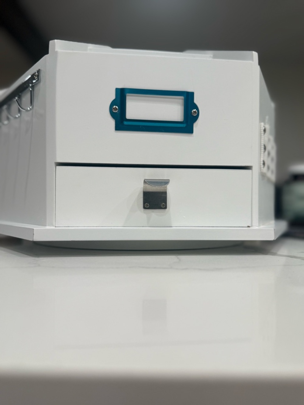 White Desktop Storage Box with Teal Label Frame - Home Storage Organizer